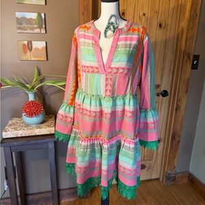 Neon Aztec Jacquard Mini-Dress with embellished lace trim includes two bracelets